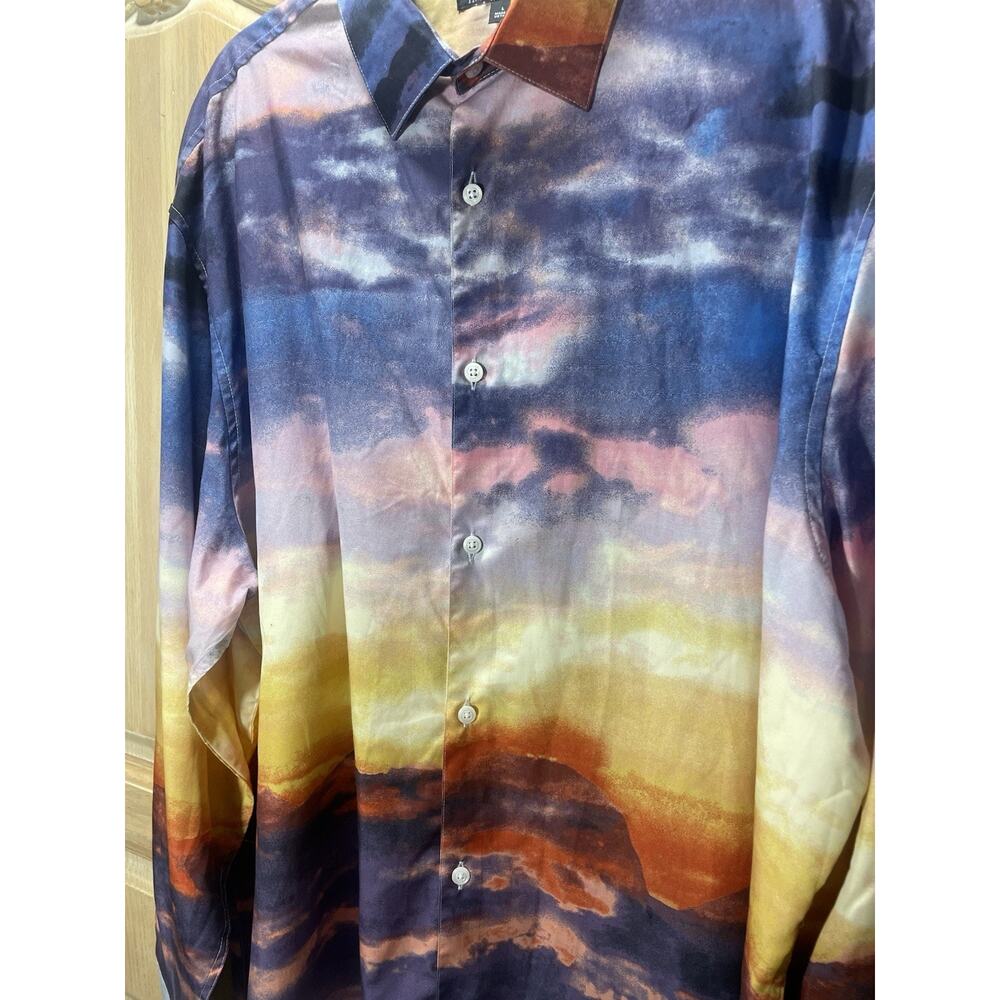 INC Unisex Shirt Lightweight Large Button Down Unique Sunset Watercolor design - Picture 4 of 11